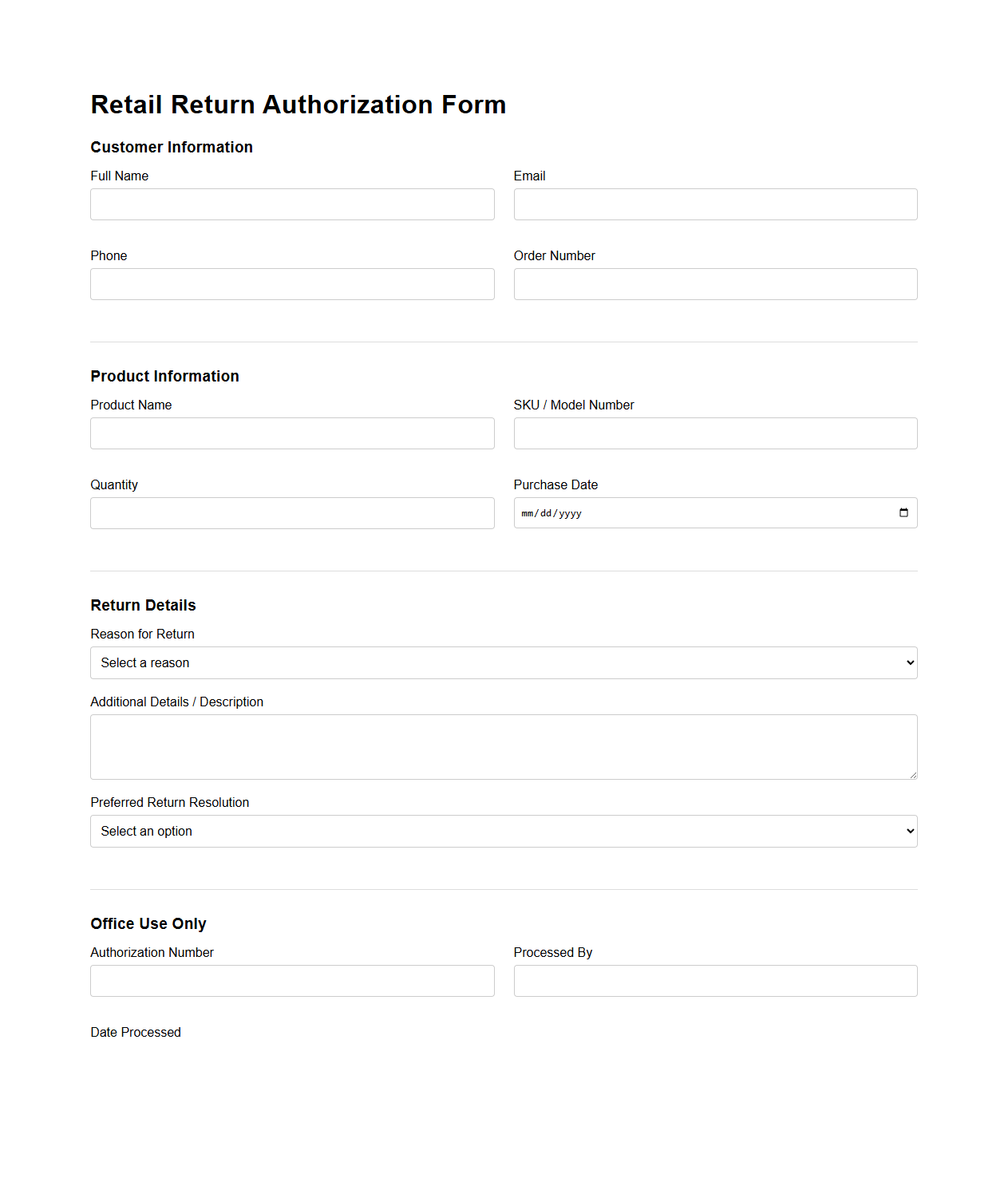Retail Return Authorization Form Template
