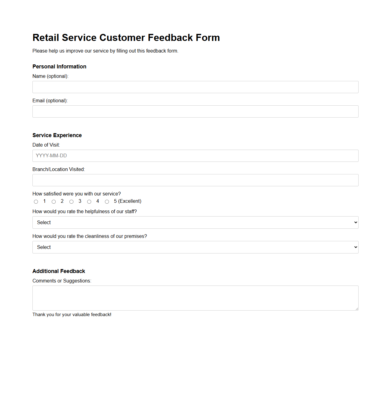 Retail Service Customer Feedback Form Sample
