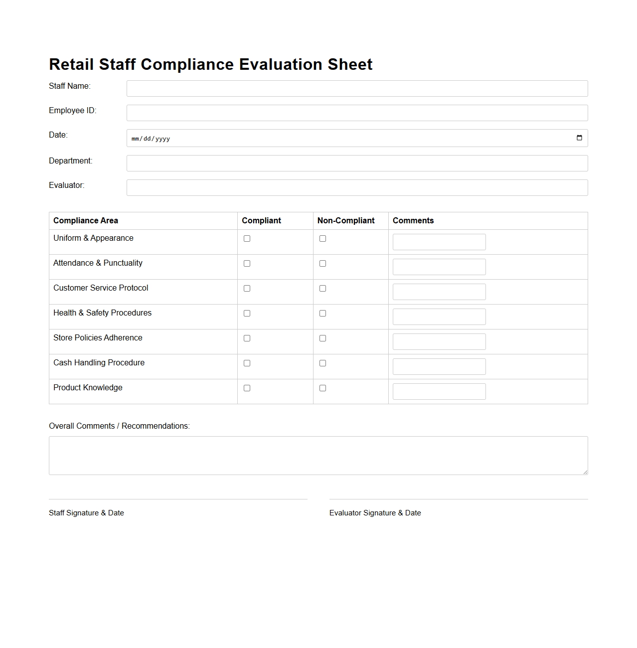 Retail Staff Compliance Evaluation Sheet