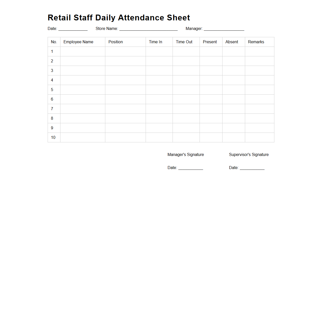 Retail Staff Daily Attendance Sheet Template