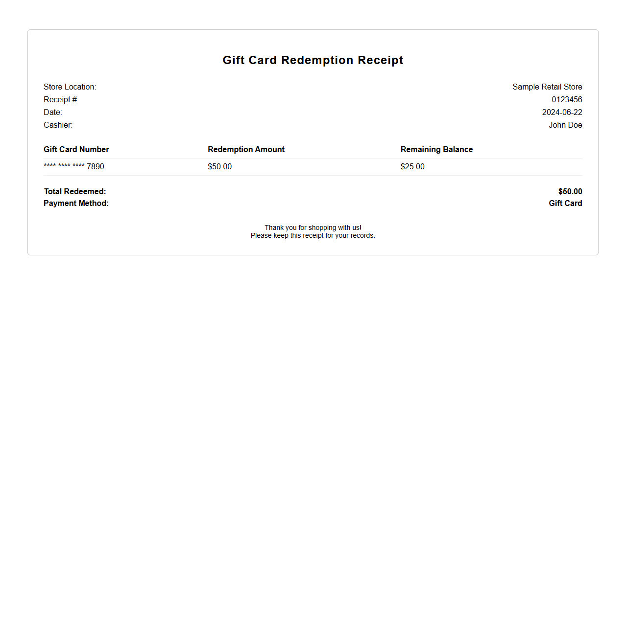 Retail Store Gift Card Redemption Receipt Sample