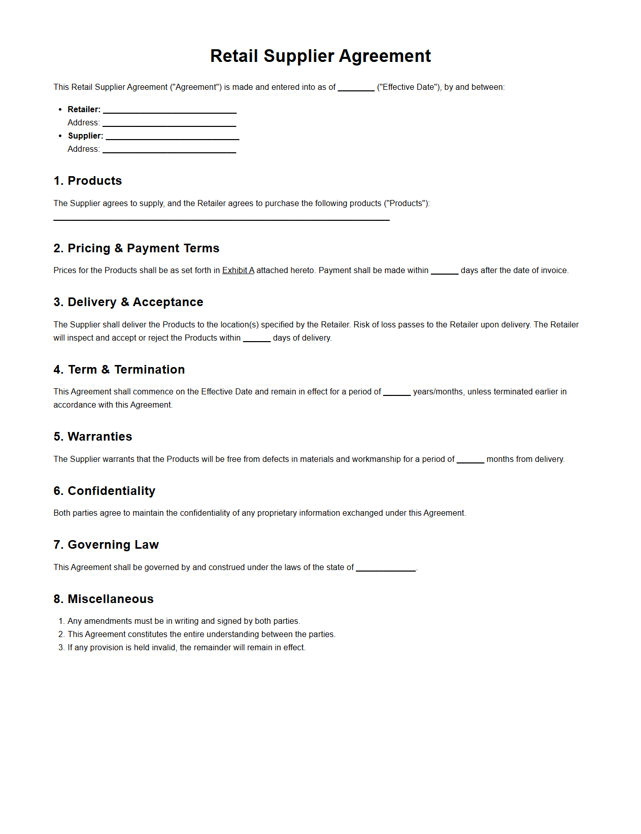 Retail Supplier Agreement Template