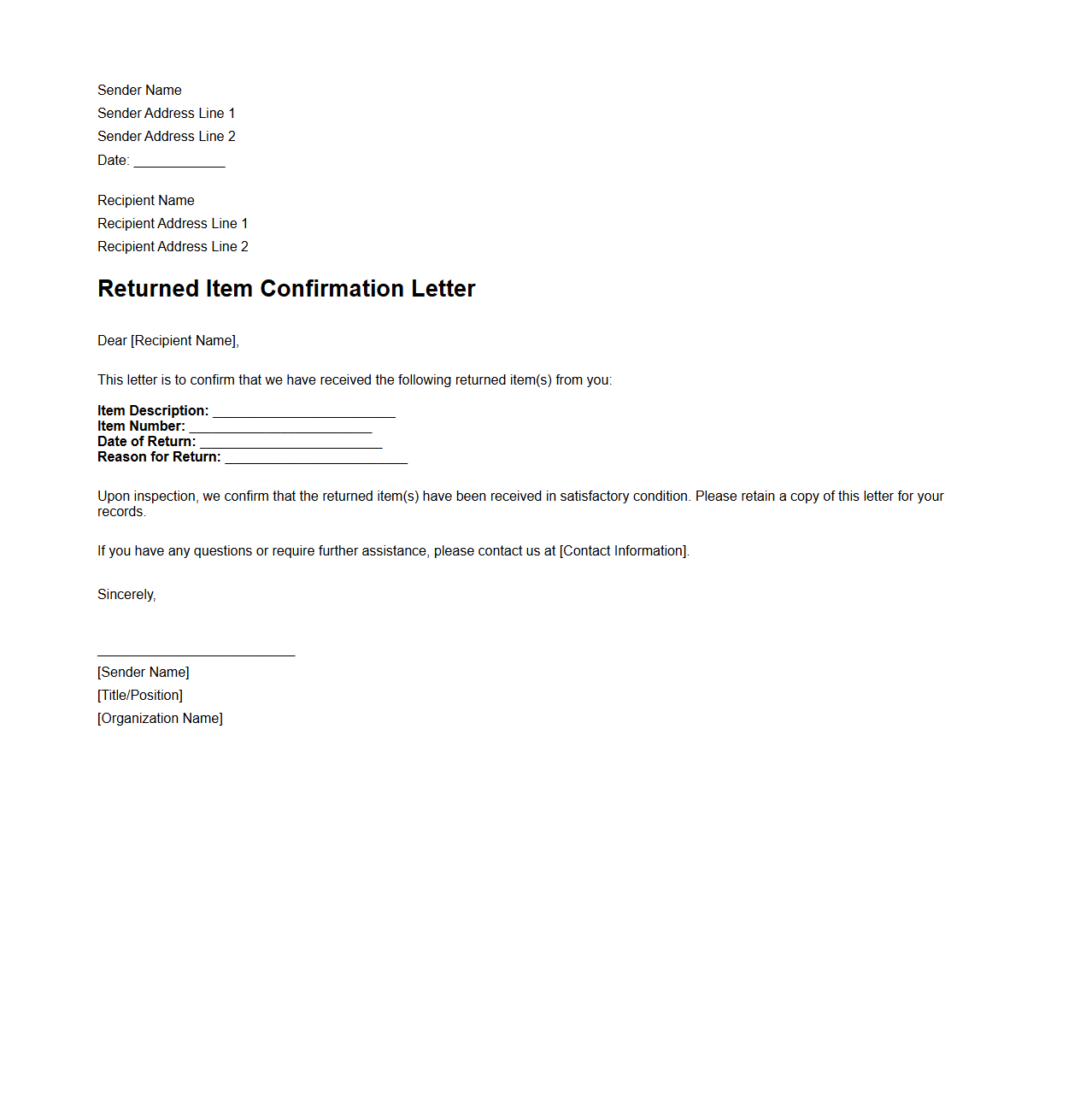 Returned Item Confirmation Letter