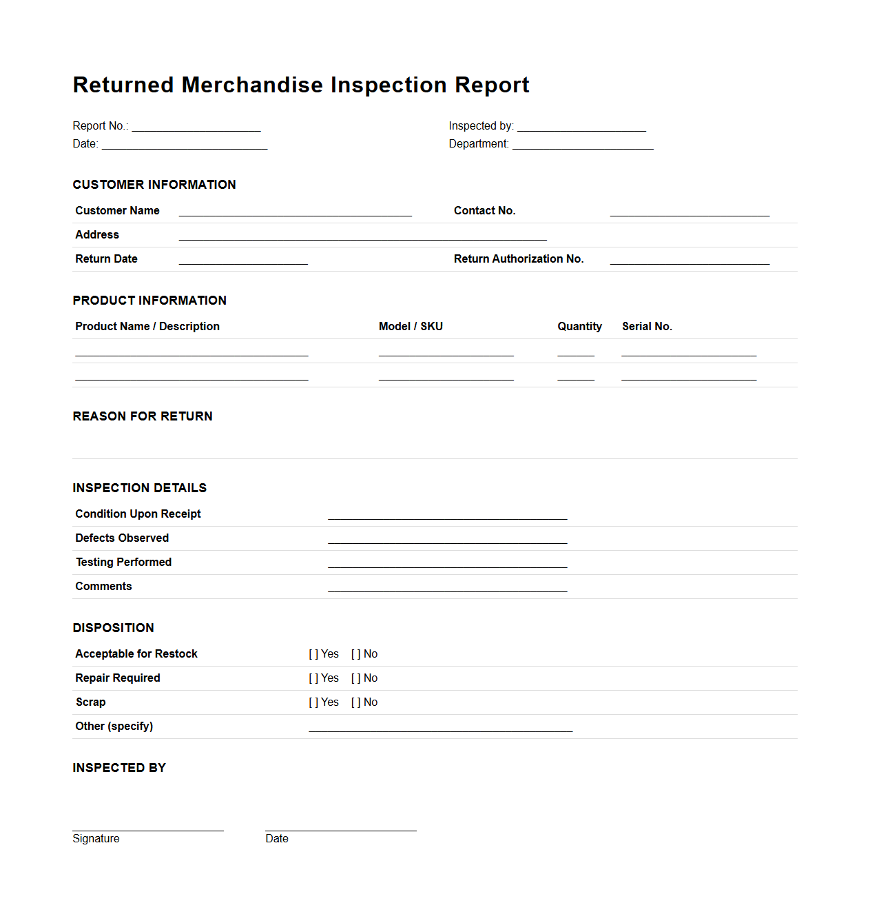 Returned Merchandise Inspection Report Sample