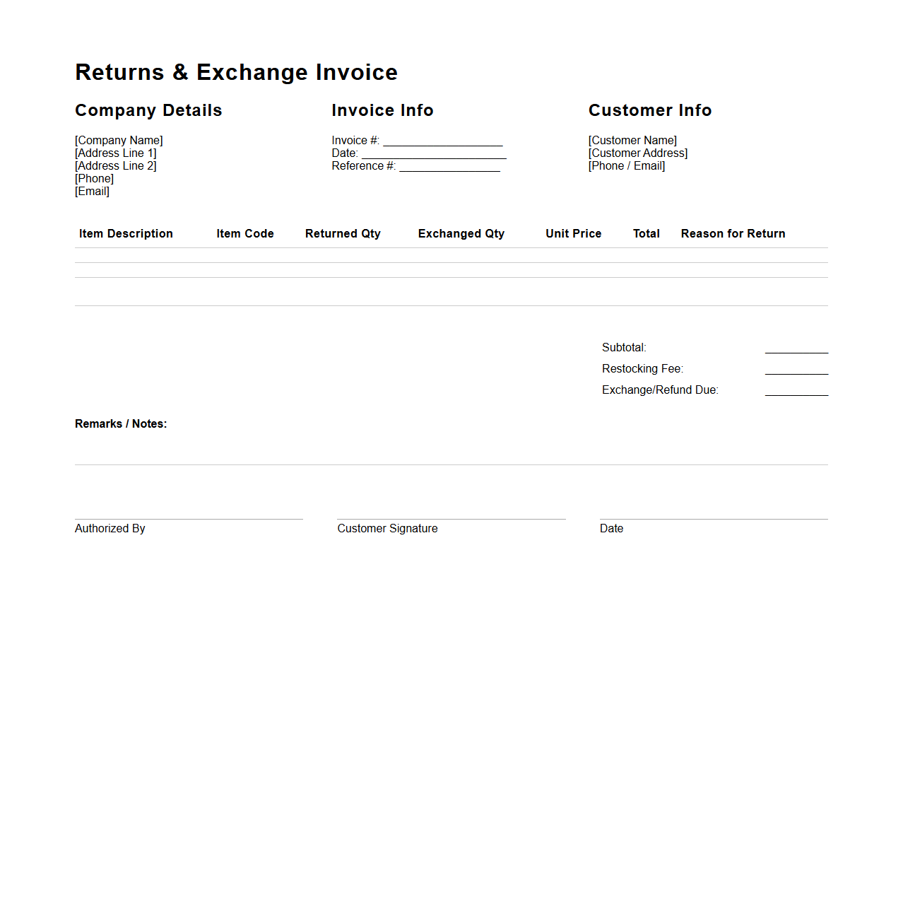 Returns and Exchange Invoice Template