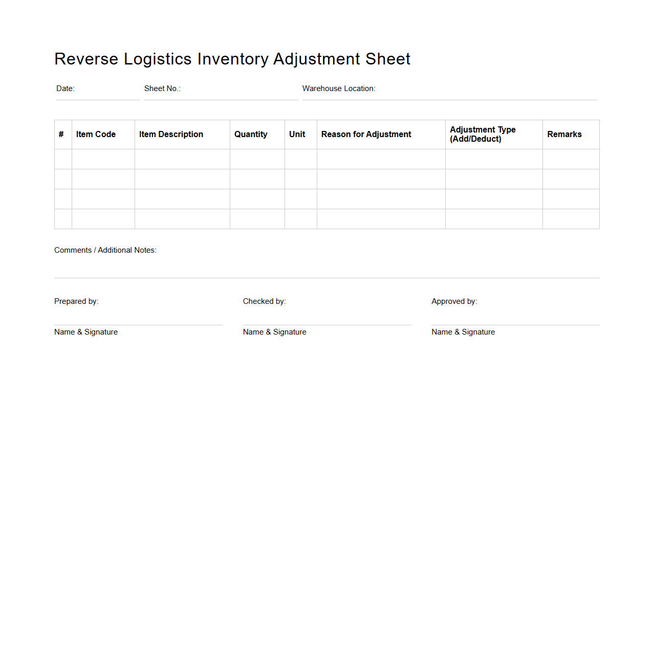 Reverse Logistics Inventory Adjustment Sheet