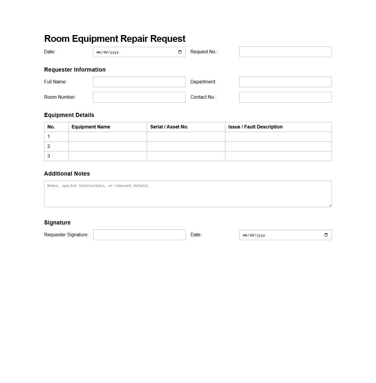 Room Equipment Repair Request Document