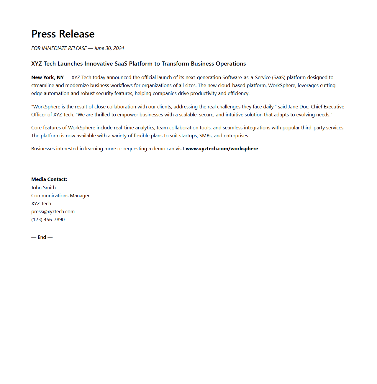 SaaS Platform Release Press Statement Sample