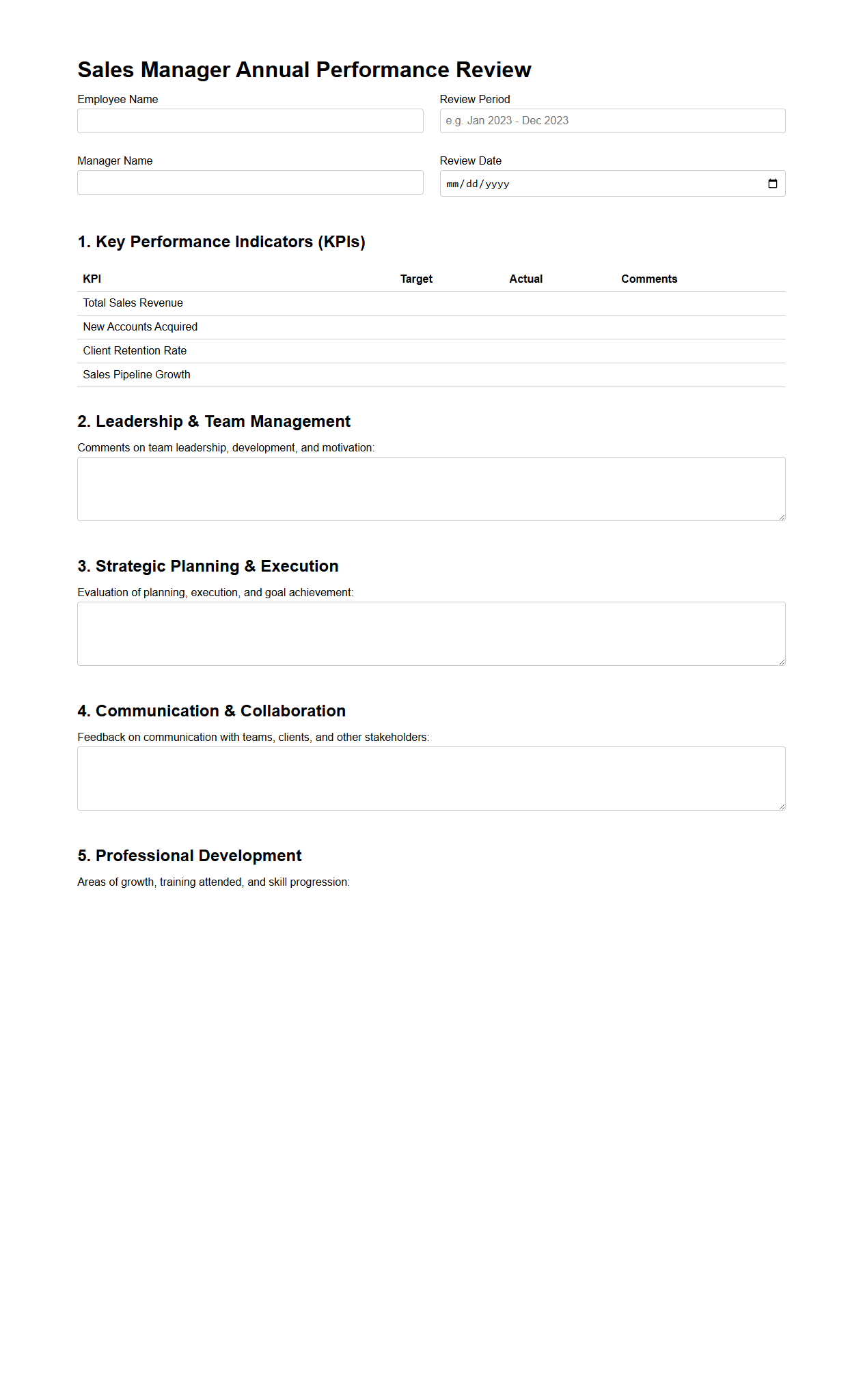 Sales Manager Annual Performance Review Document Sample