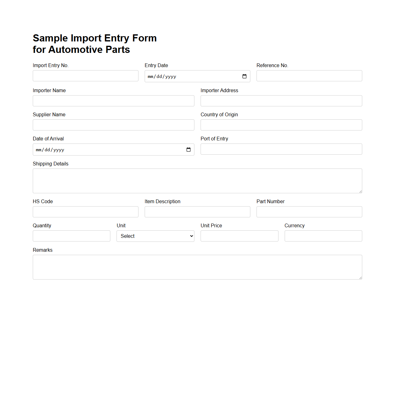 Sample Import Entry Form for Automotive Parts