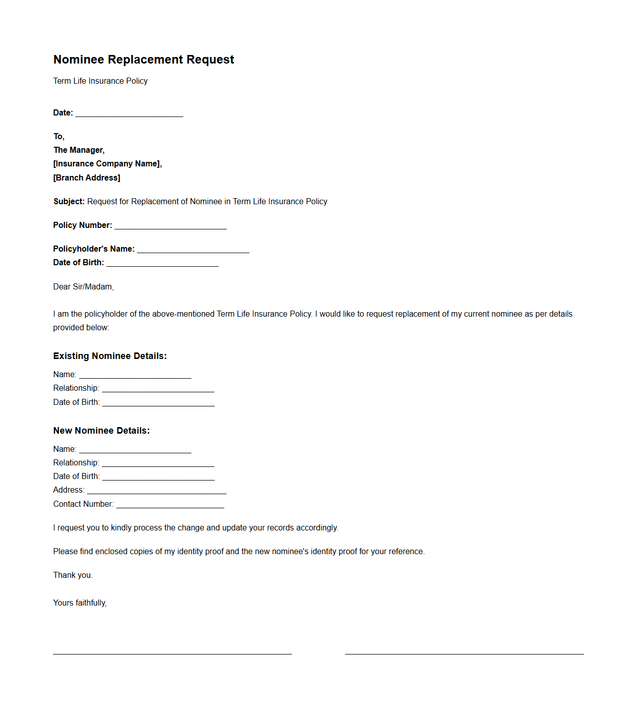 Sample Nominee Replacement Request for Term Life Insurance