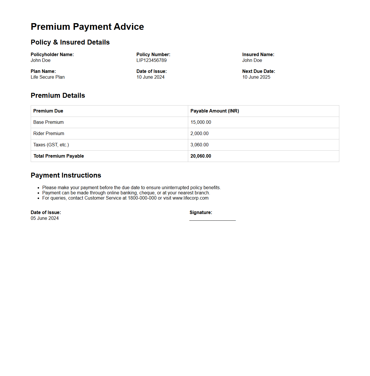 Sample Premium Payment Advice for Life Insurance Policy
