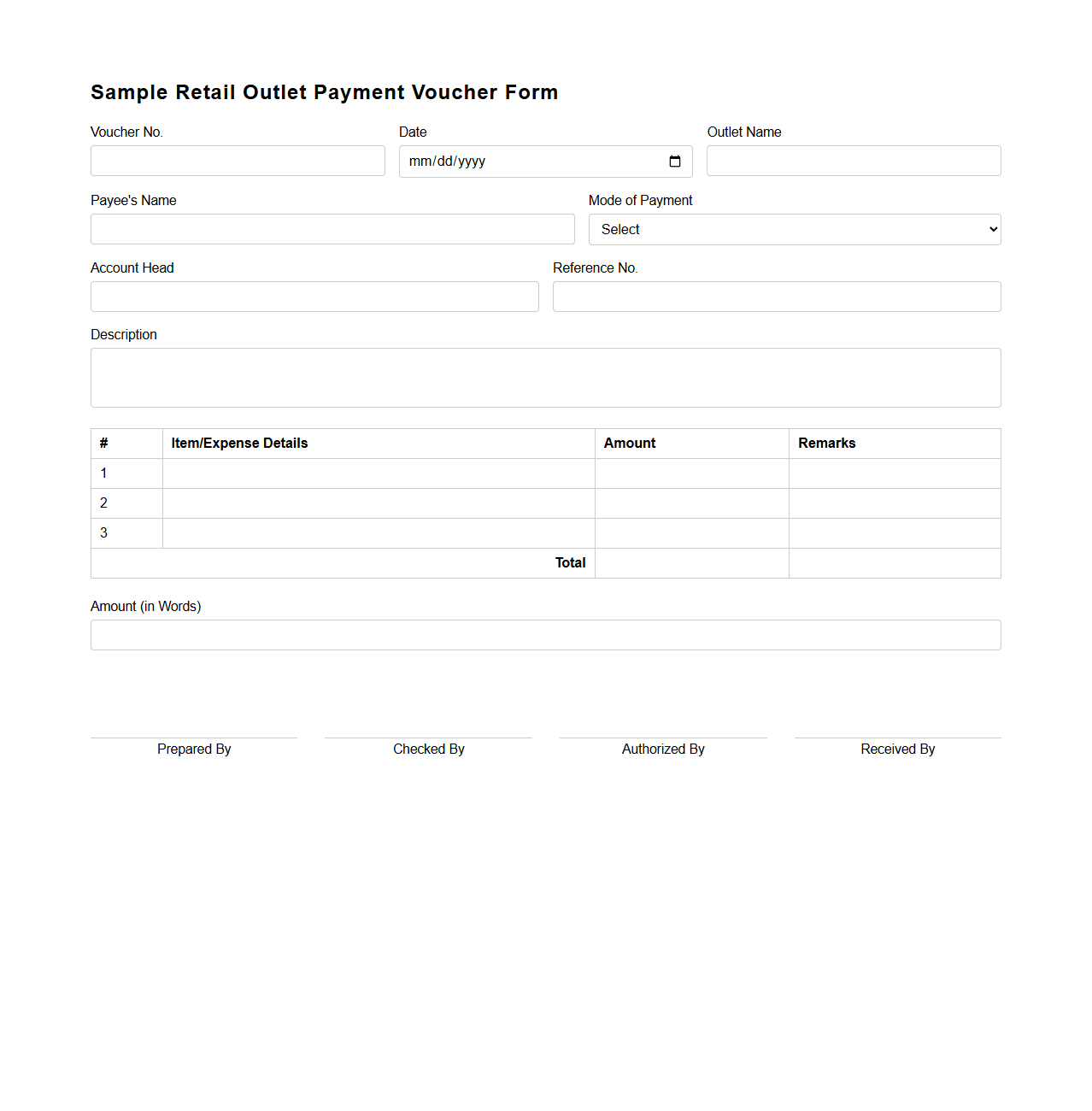 Sample Retail Outlet Payment Voucher Form