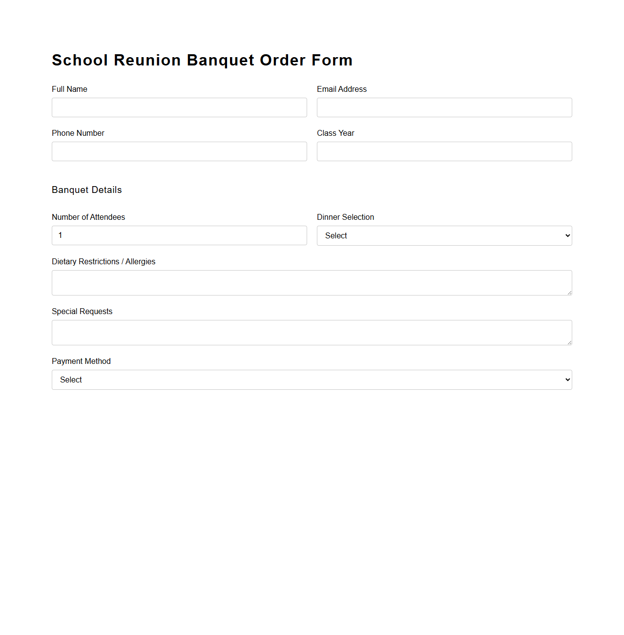 School Reunion Banquet Order Form