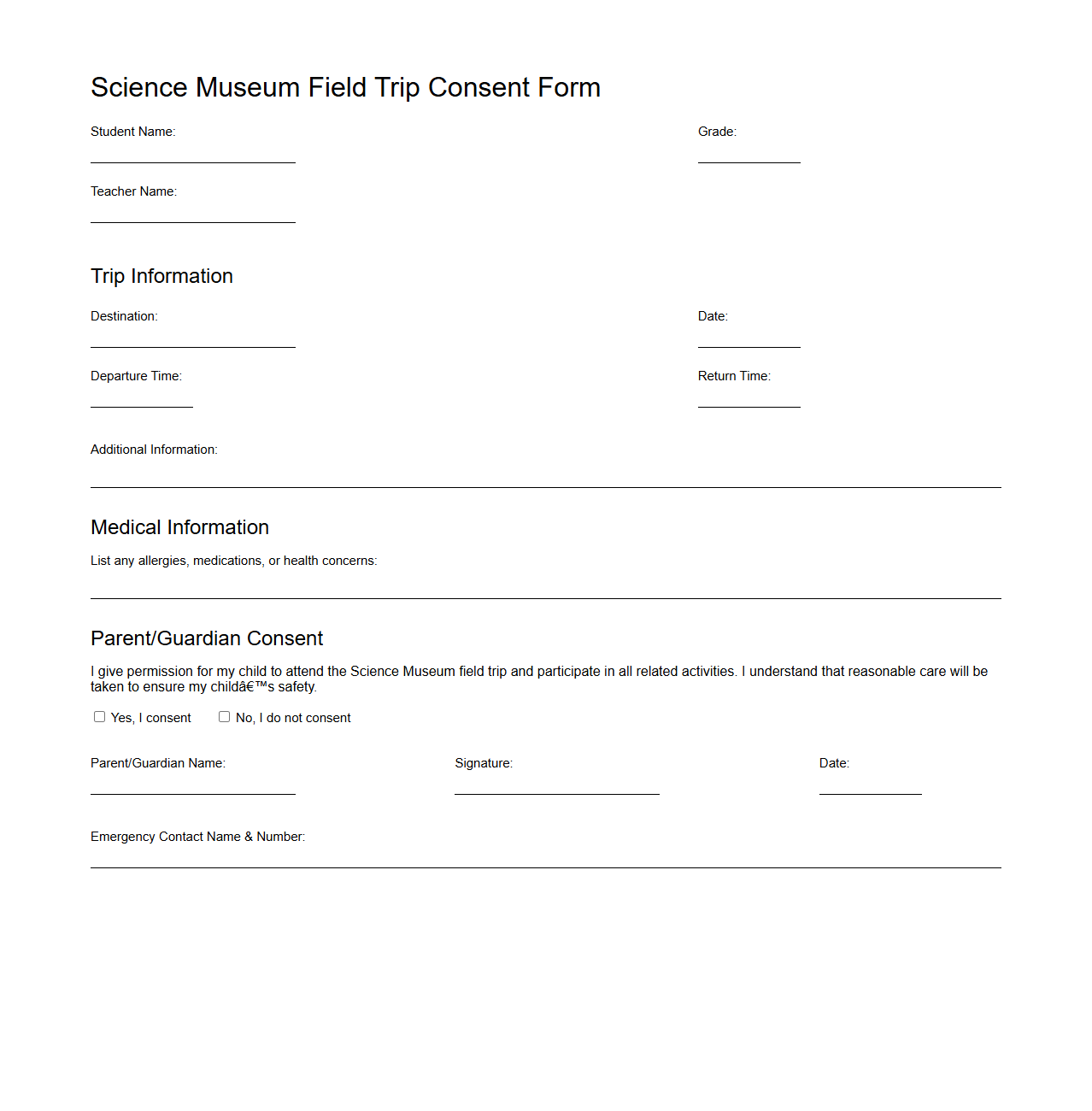 Science Museum Field Trip Consent Form Example