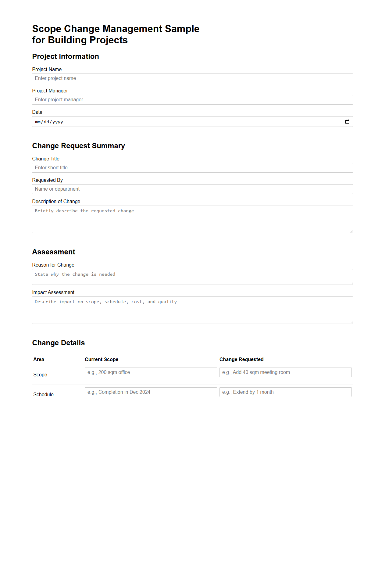 Scope Change Management Sample for Building Projects