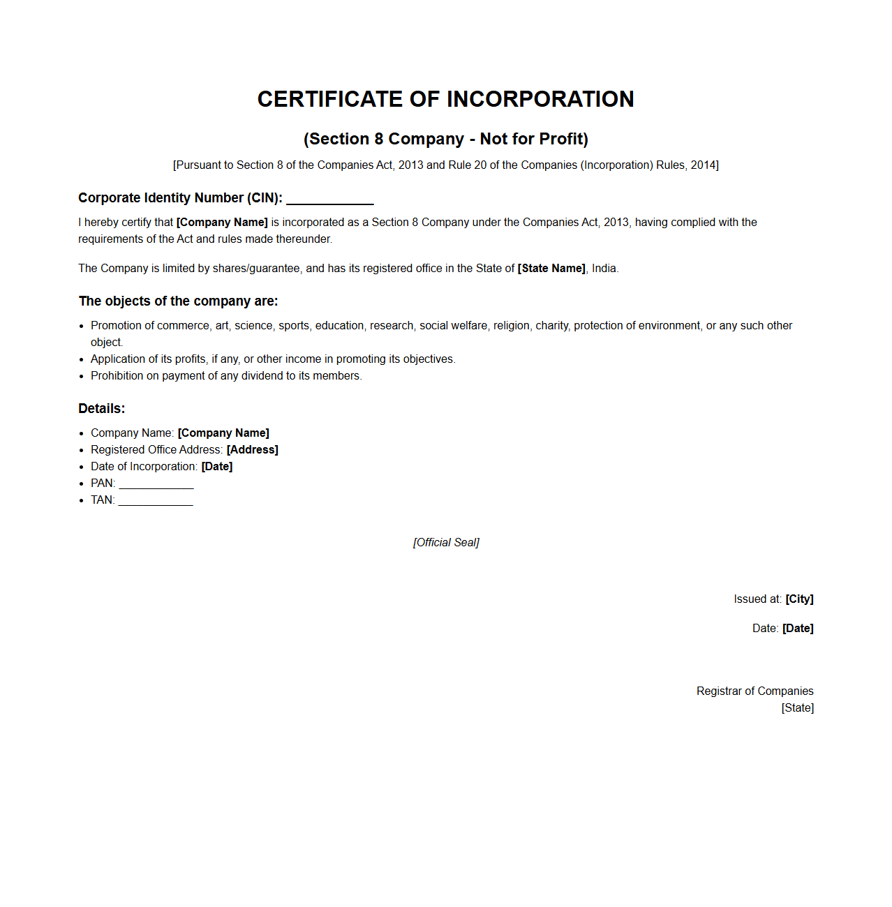 Section 8 Company Certificate of Incorporation Structure