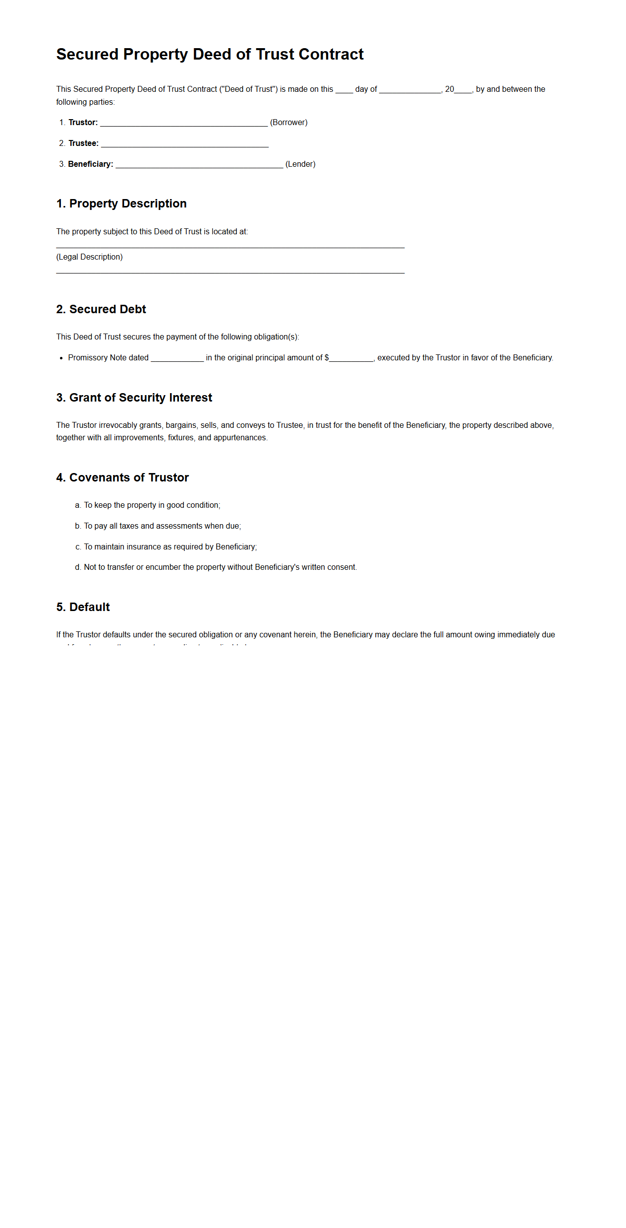 Secured Property Deed of Trust Contract Sample