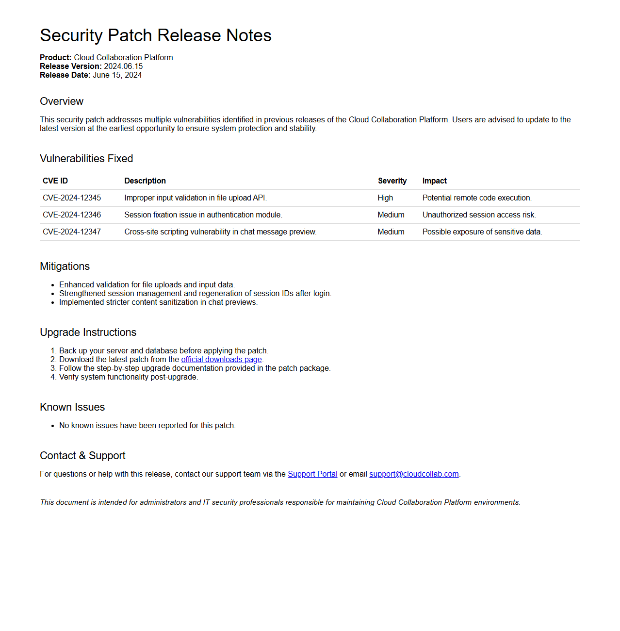 Security Patch Release Notes for Cloud Collaboration Platform