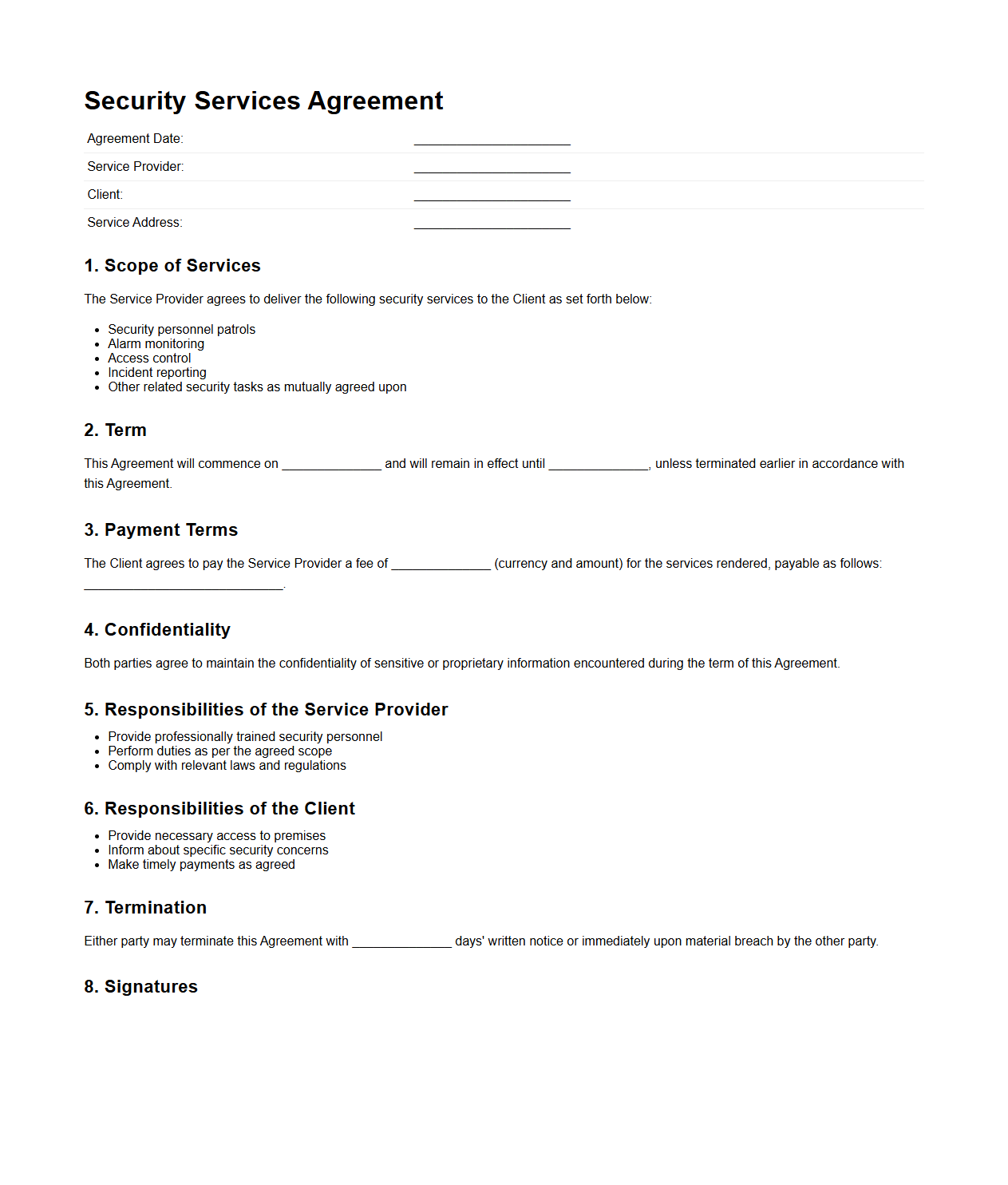 Security Services Agreement Layout