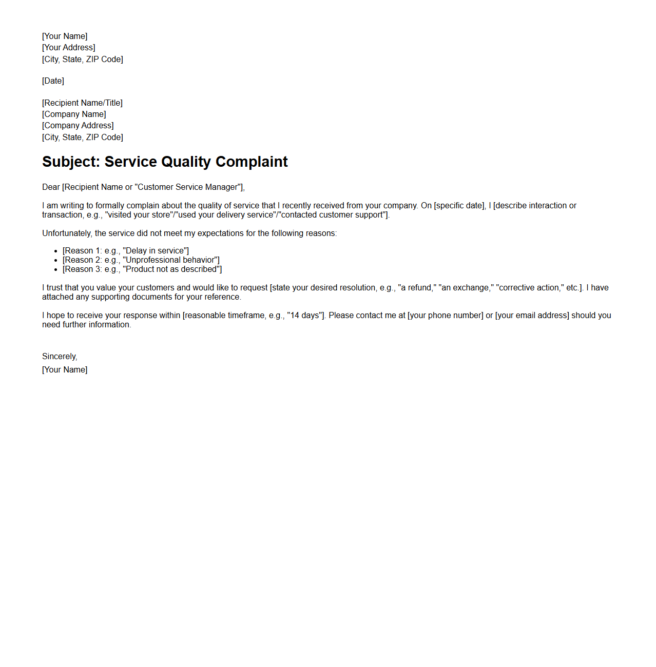Service Quality Complaint Letter Example