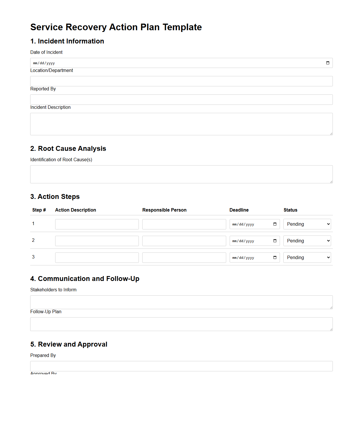 Service Recovery Action Plan Template