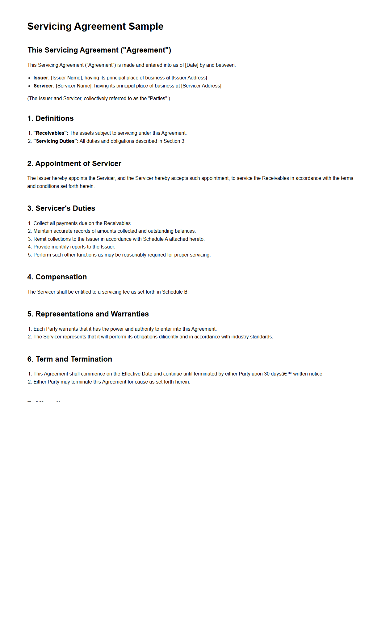 Servicing Agreement Sample for Structured Finance