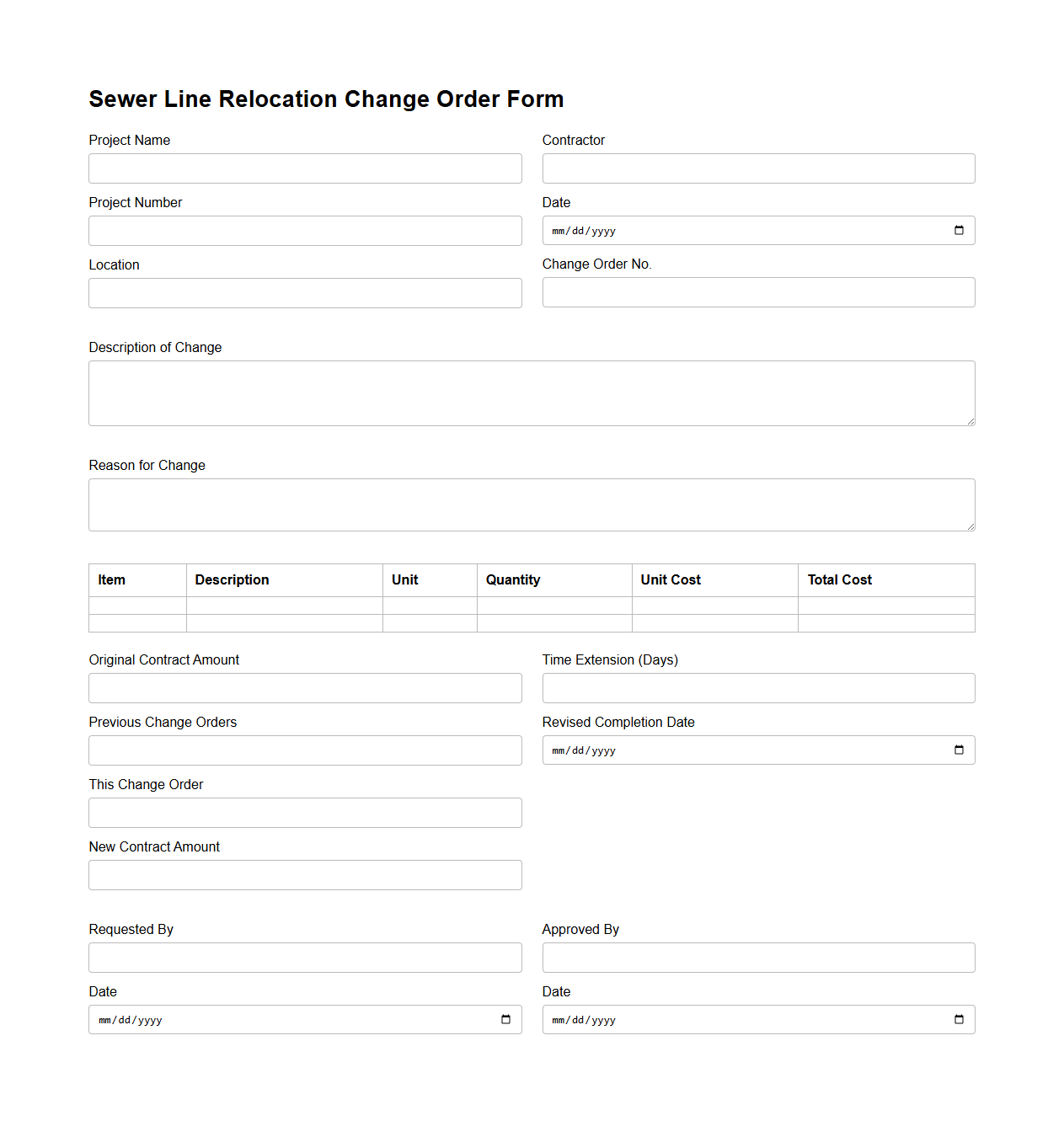 Sewer Line Relocation Change Order Form
