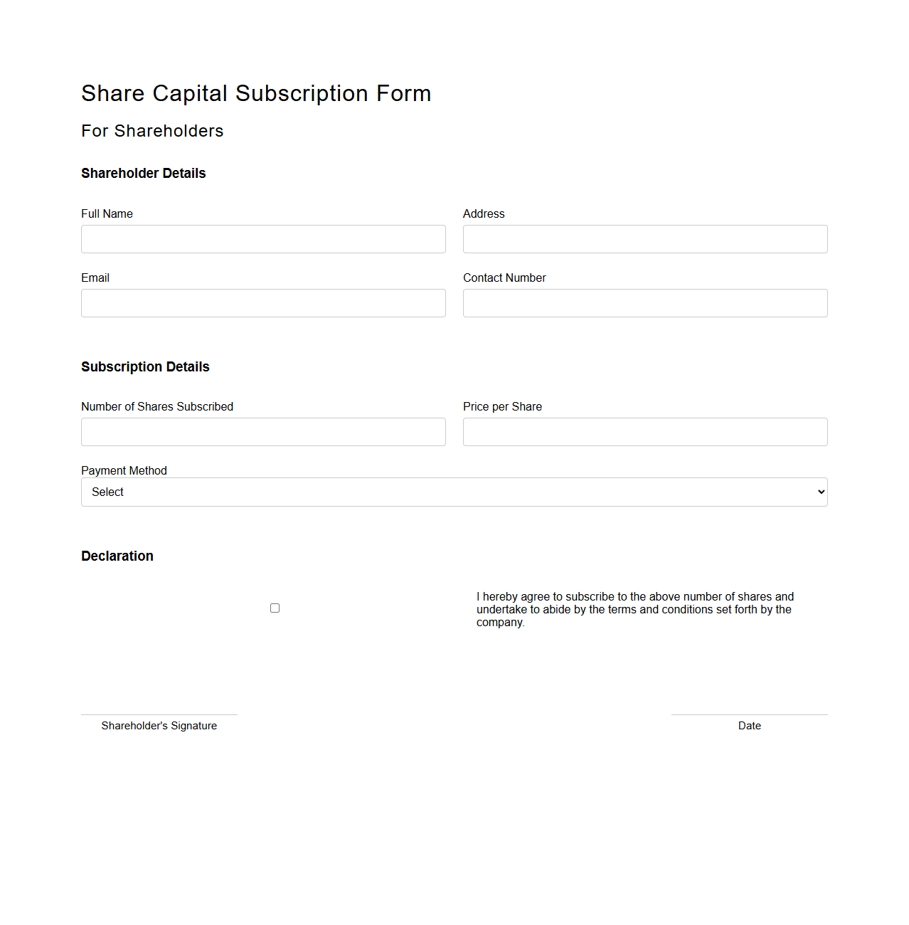 Share Capital Subscription Form for Shareholders