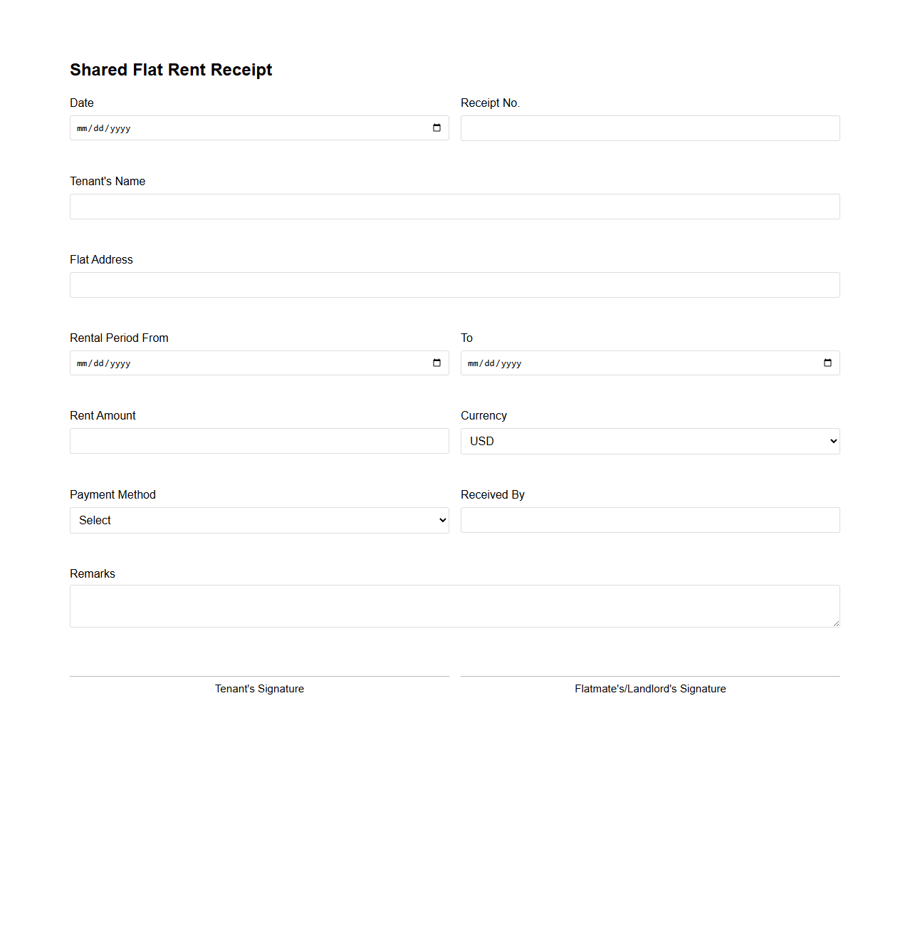 Shared Flat Rent Receipt Form