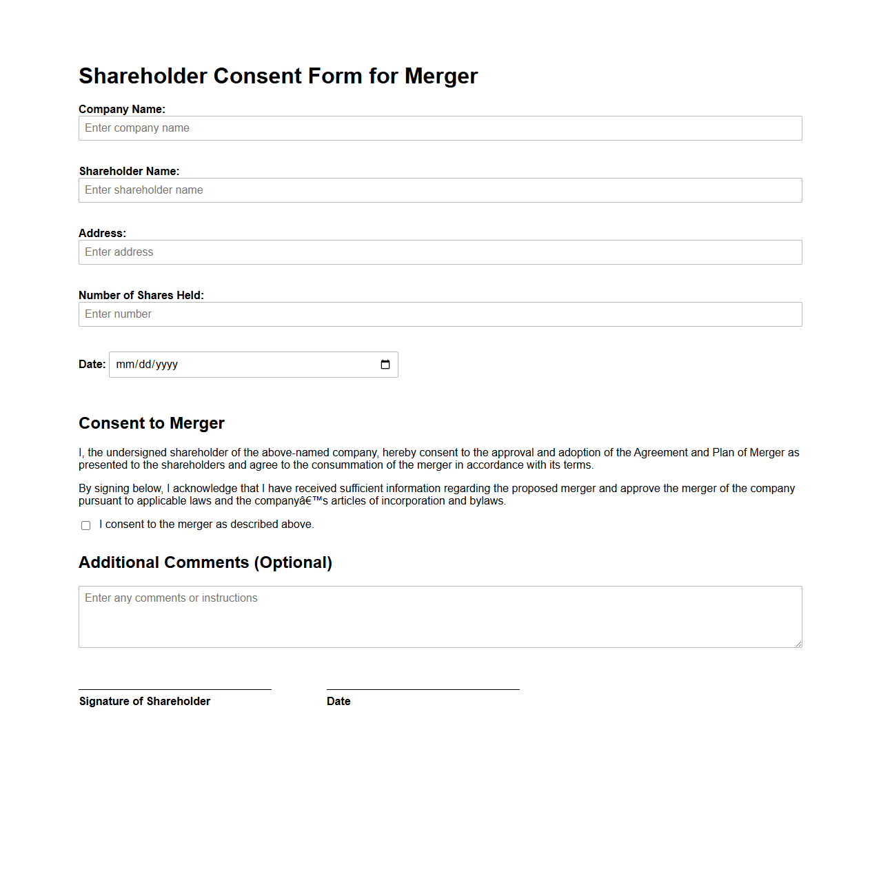 Shareholder Consent Form for Merger