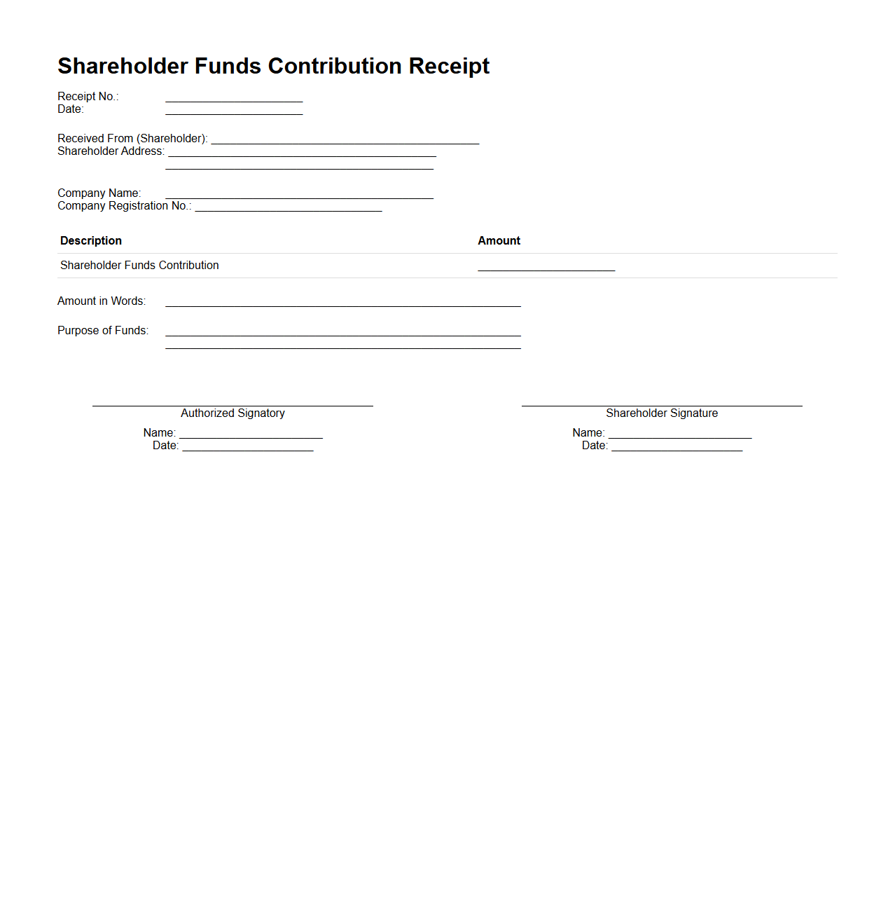 Shareholder Funds Contribution Receipt Template