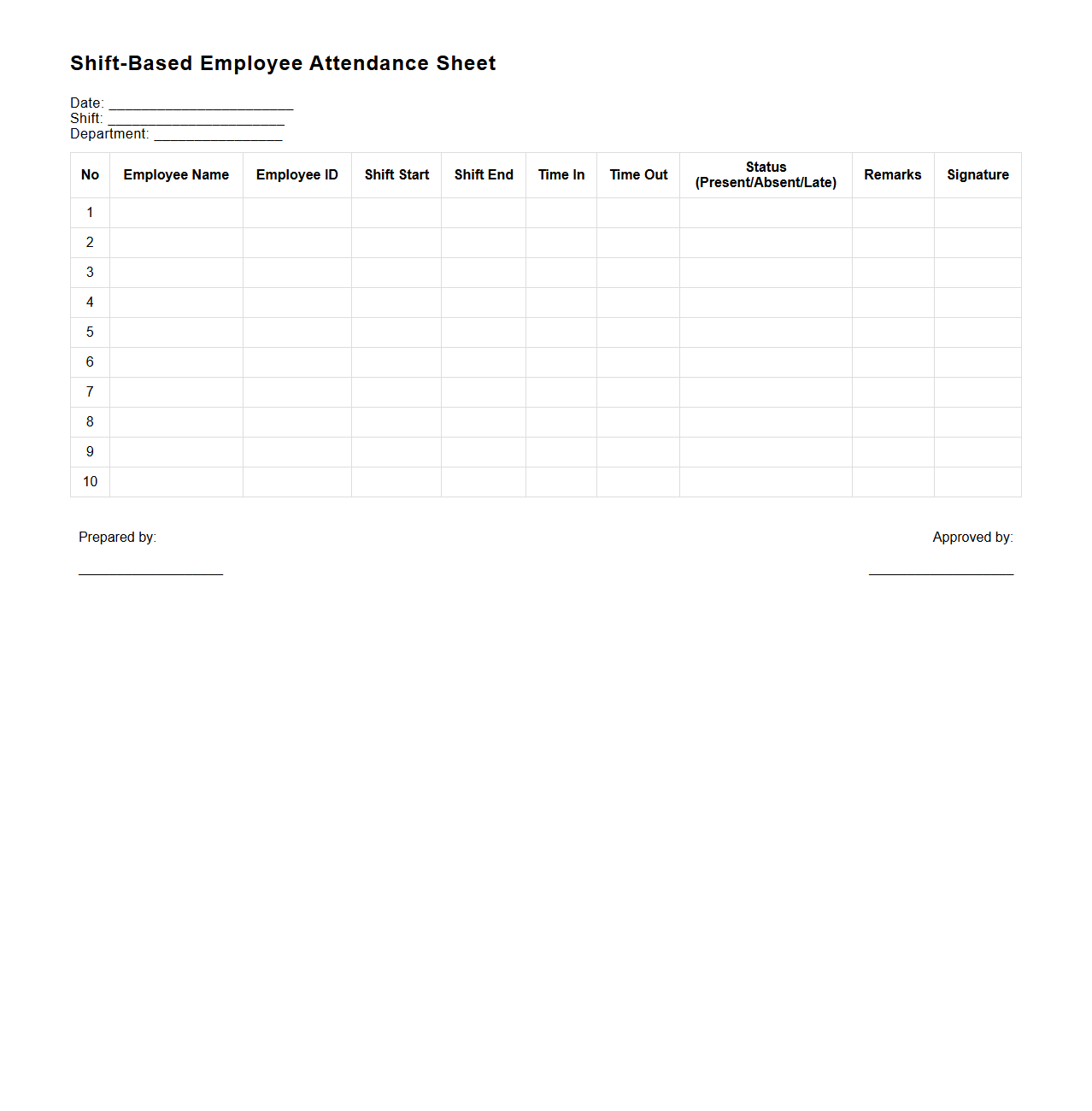 Shift-Based Employee Attendance Sheet