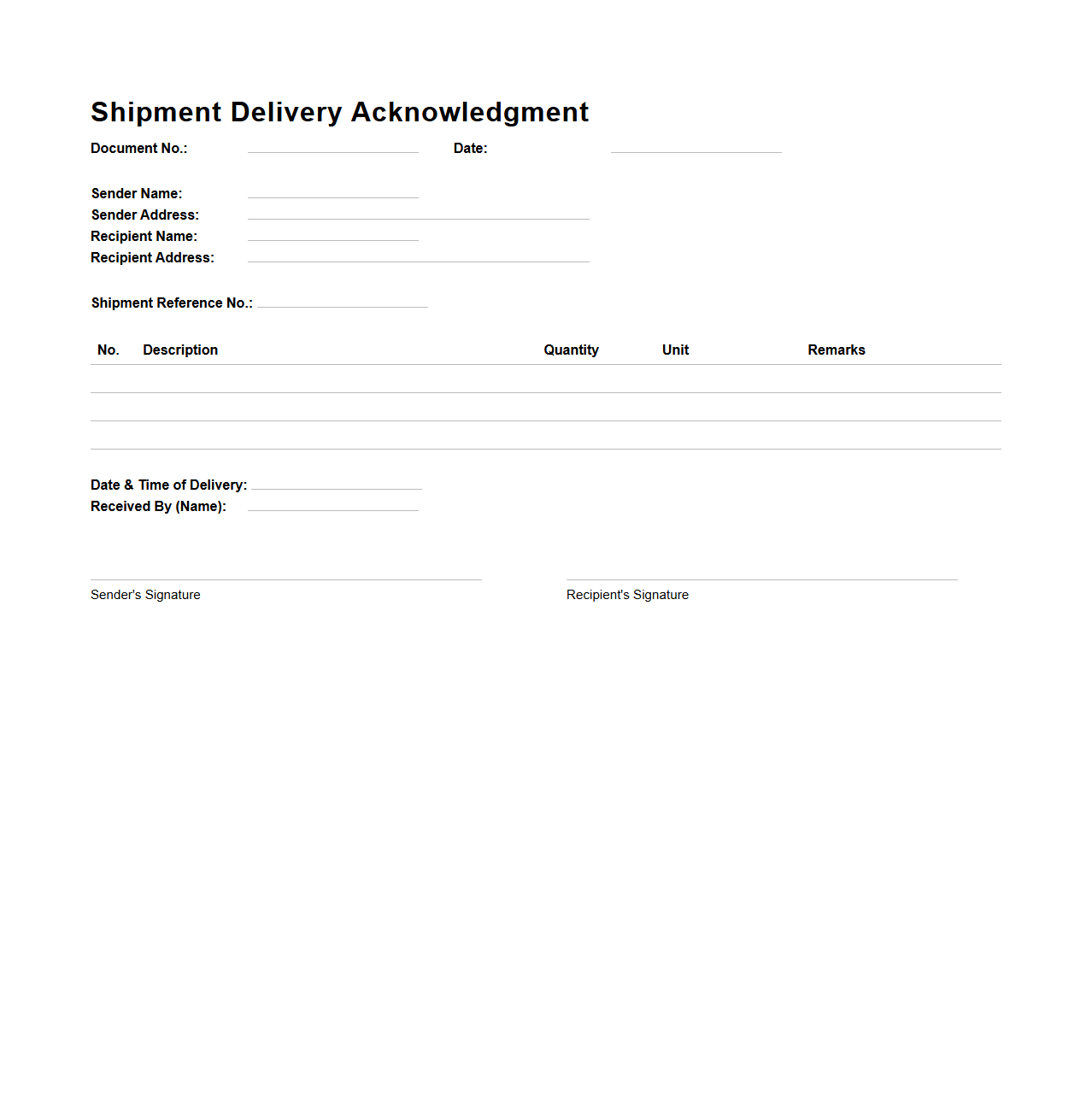 Shipment Delivery Acknowledgment Document