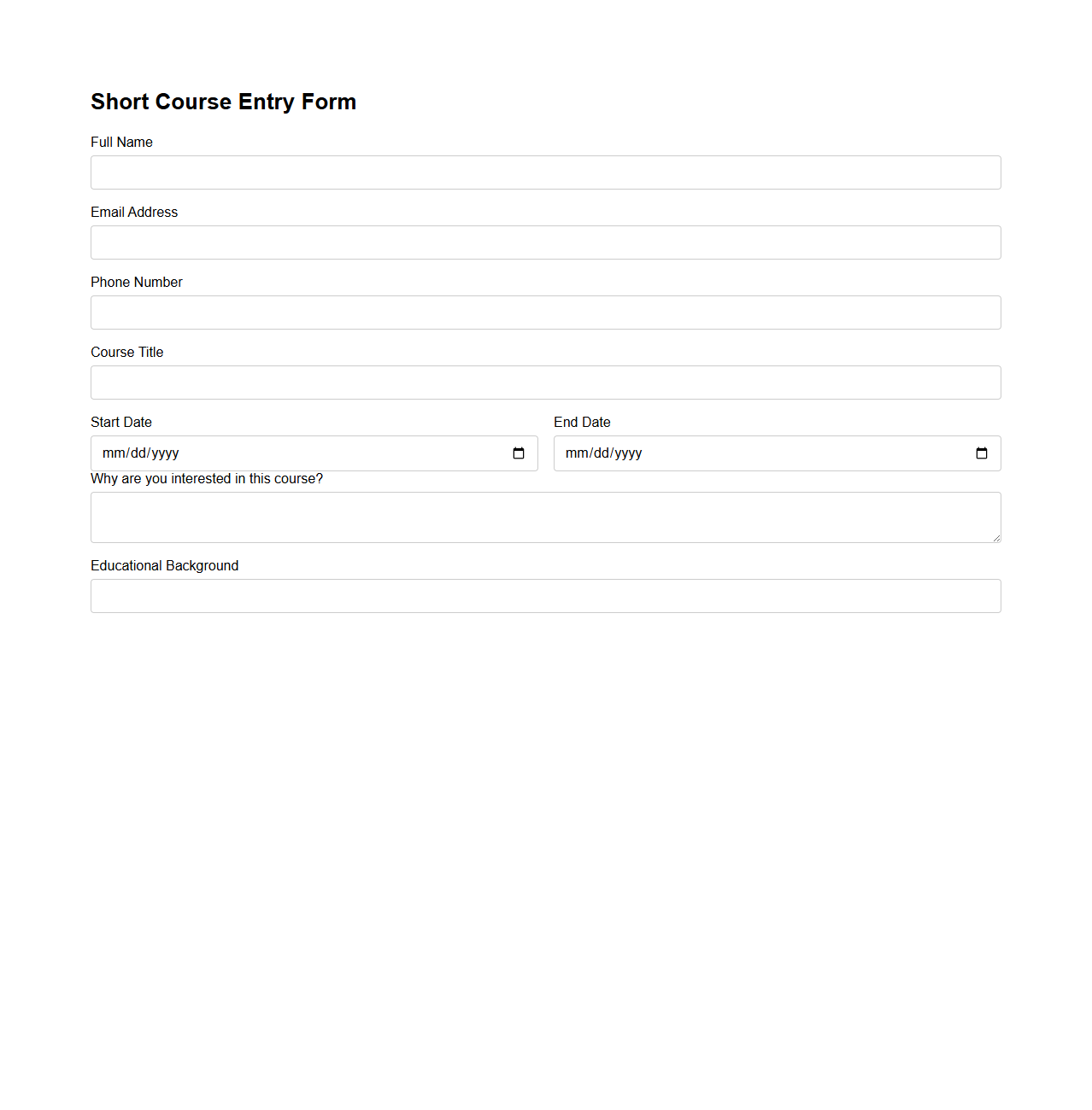 Short Course Entry Form Sample
