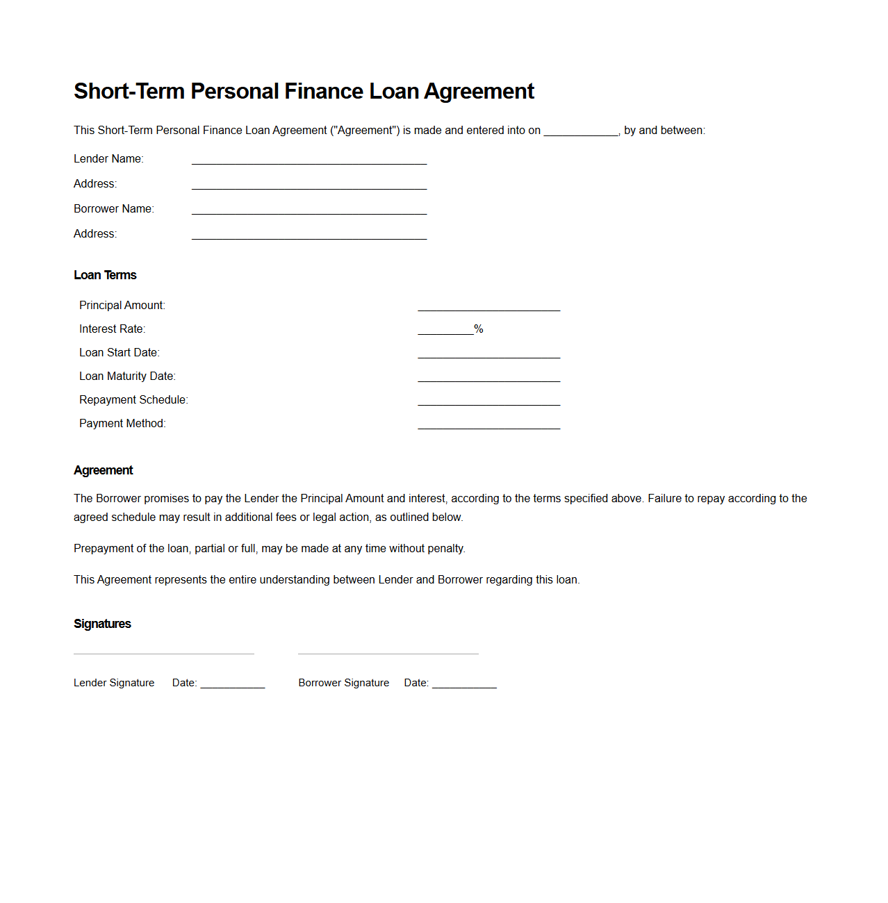 Short-Term Personal Finance Loan Document
