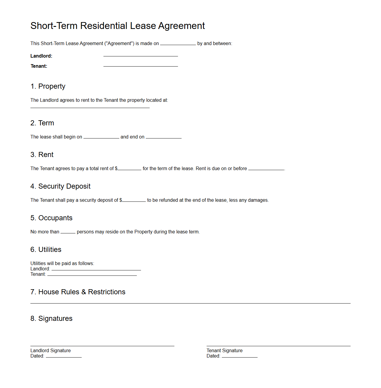 Short-Term Residential Lease Agreement Example