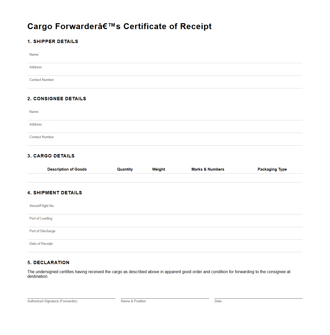 Simplified Cargo Forwarder’s Certificate of Receipt Example