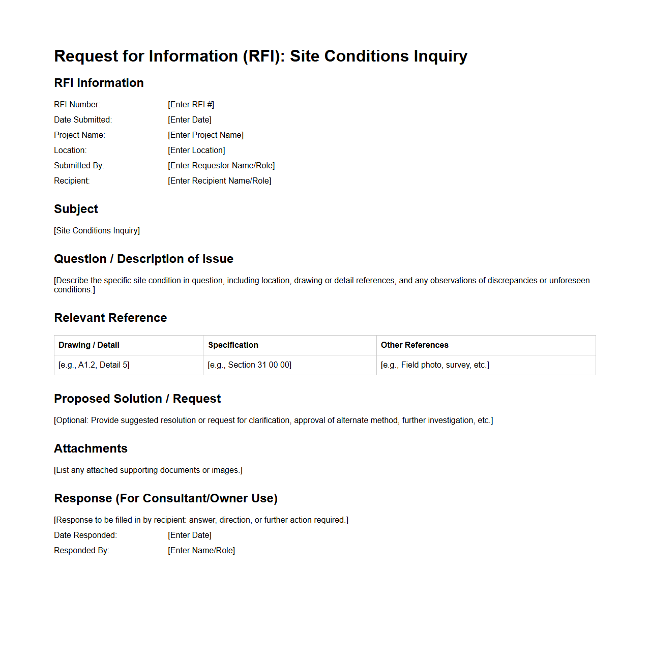 Site Conditions Inquiry RFI Example