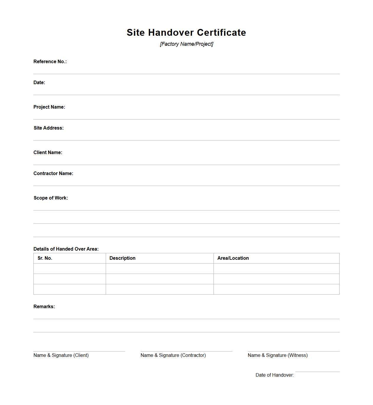 Site Handover Certificate Format for Factories