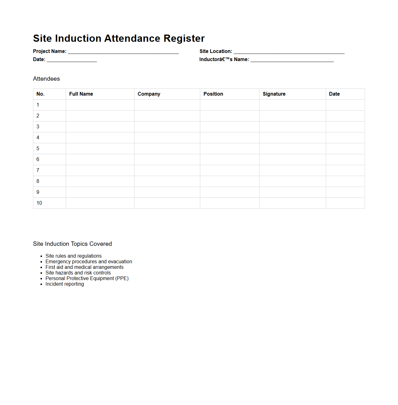 Site Induction Attendance Register Example