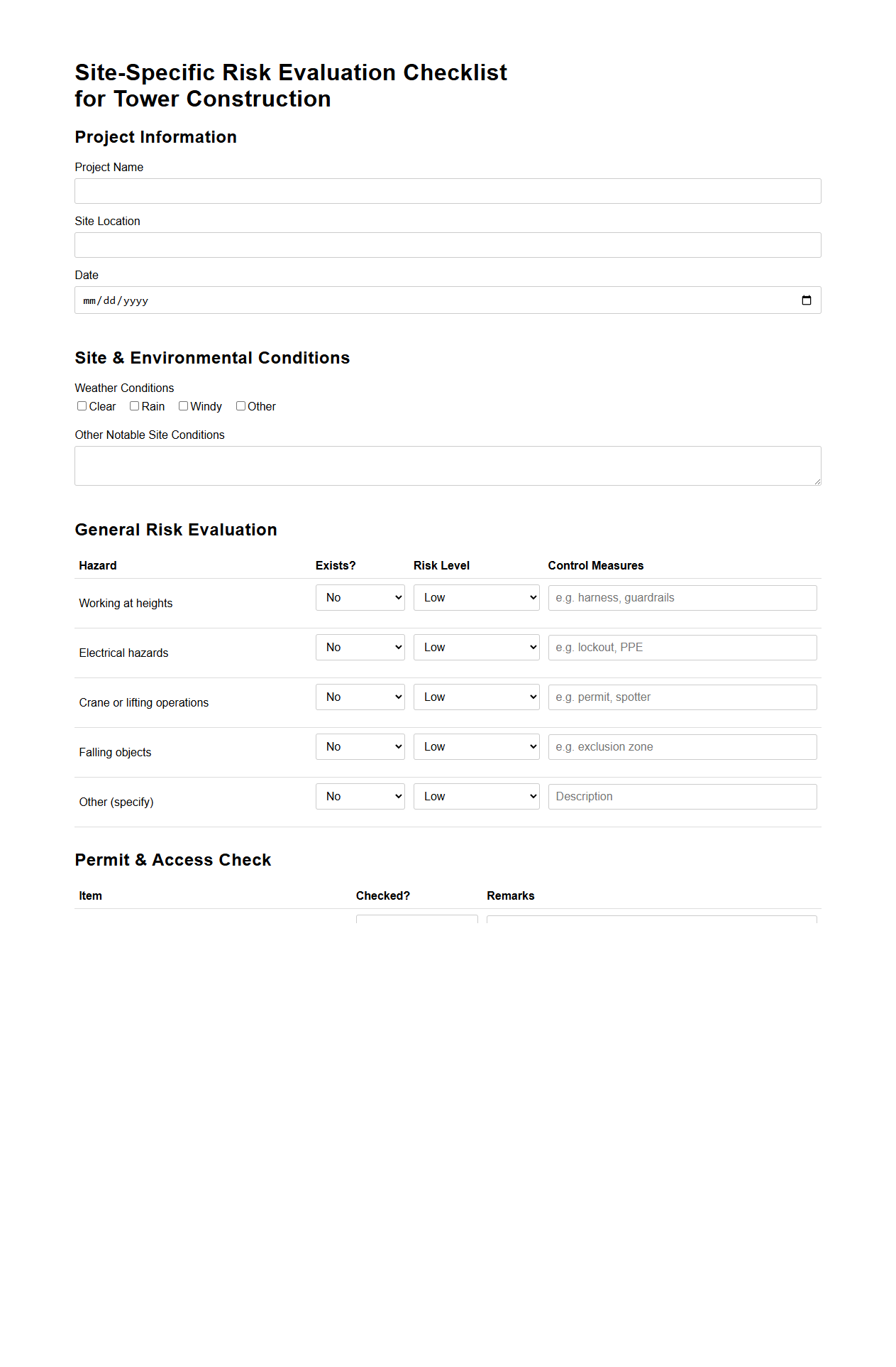 Site-Specific Risk Evaluation Checklist for Tower Construction