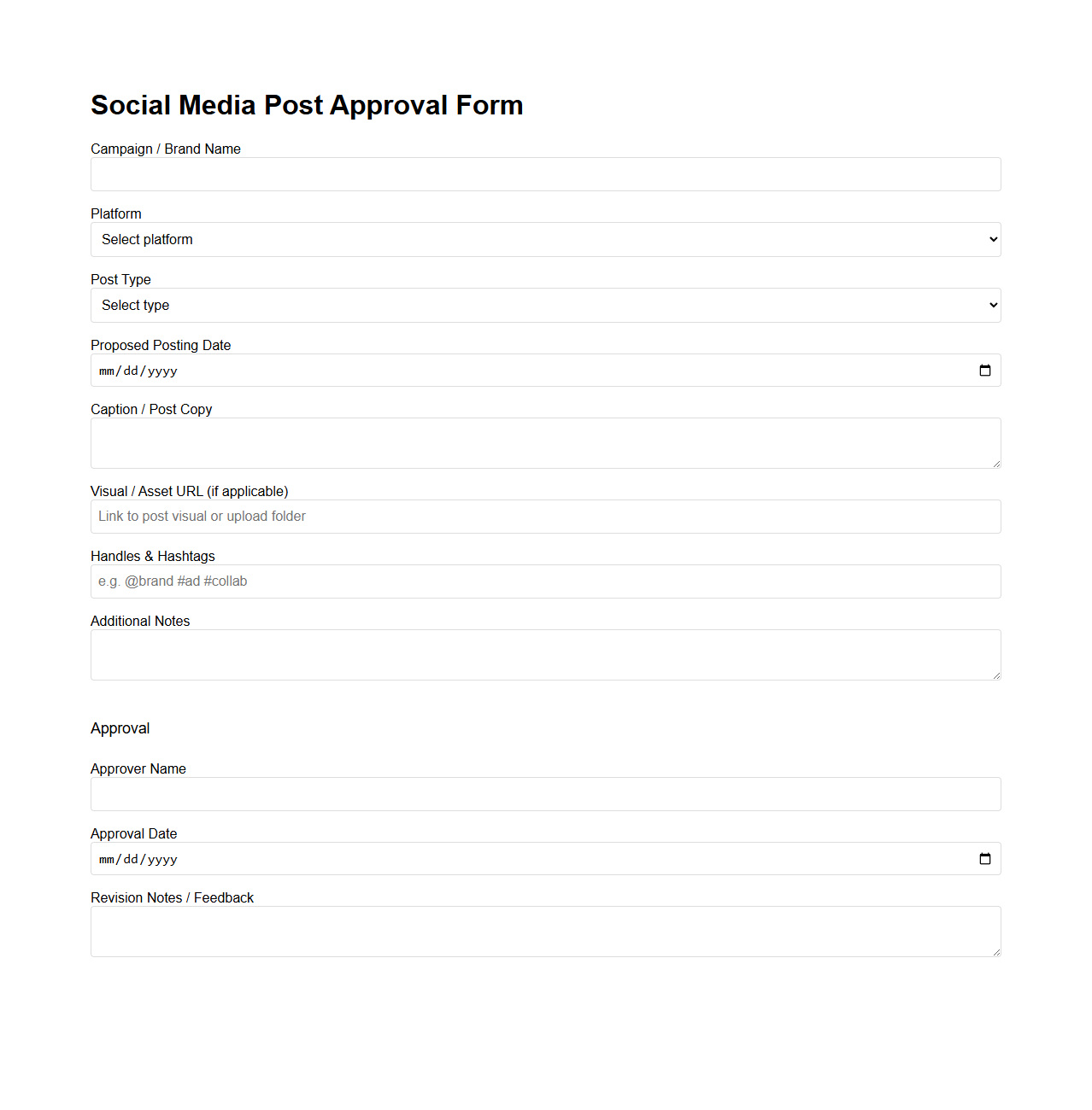 Social Media Post Approval Form for Brand Collaborations