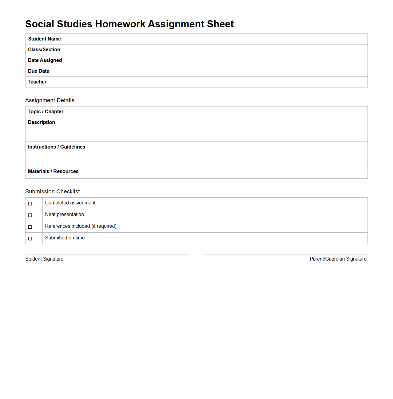 Social Studies Homework Assignment Sheet