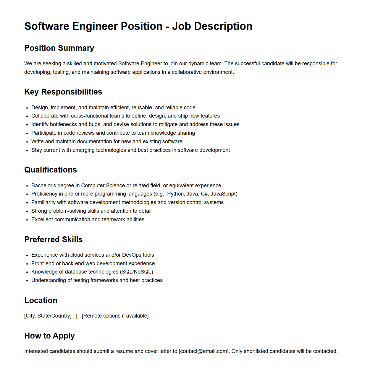 Software Engineer Position Job Description Example