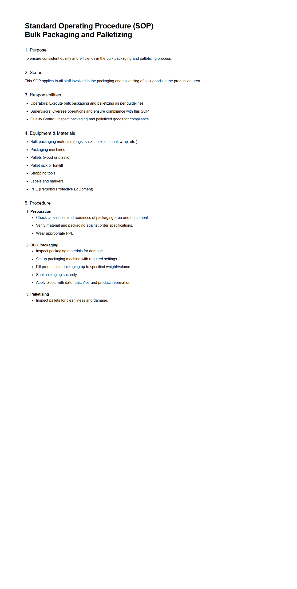 SOP for Bulk Packaging and Palletizing