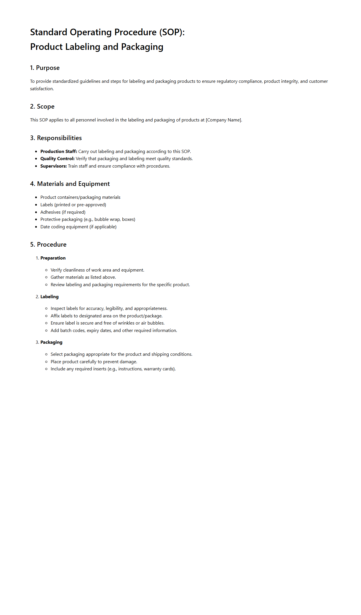 SOP for Product Labeling and Packaging