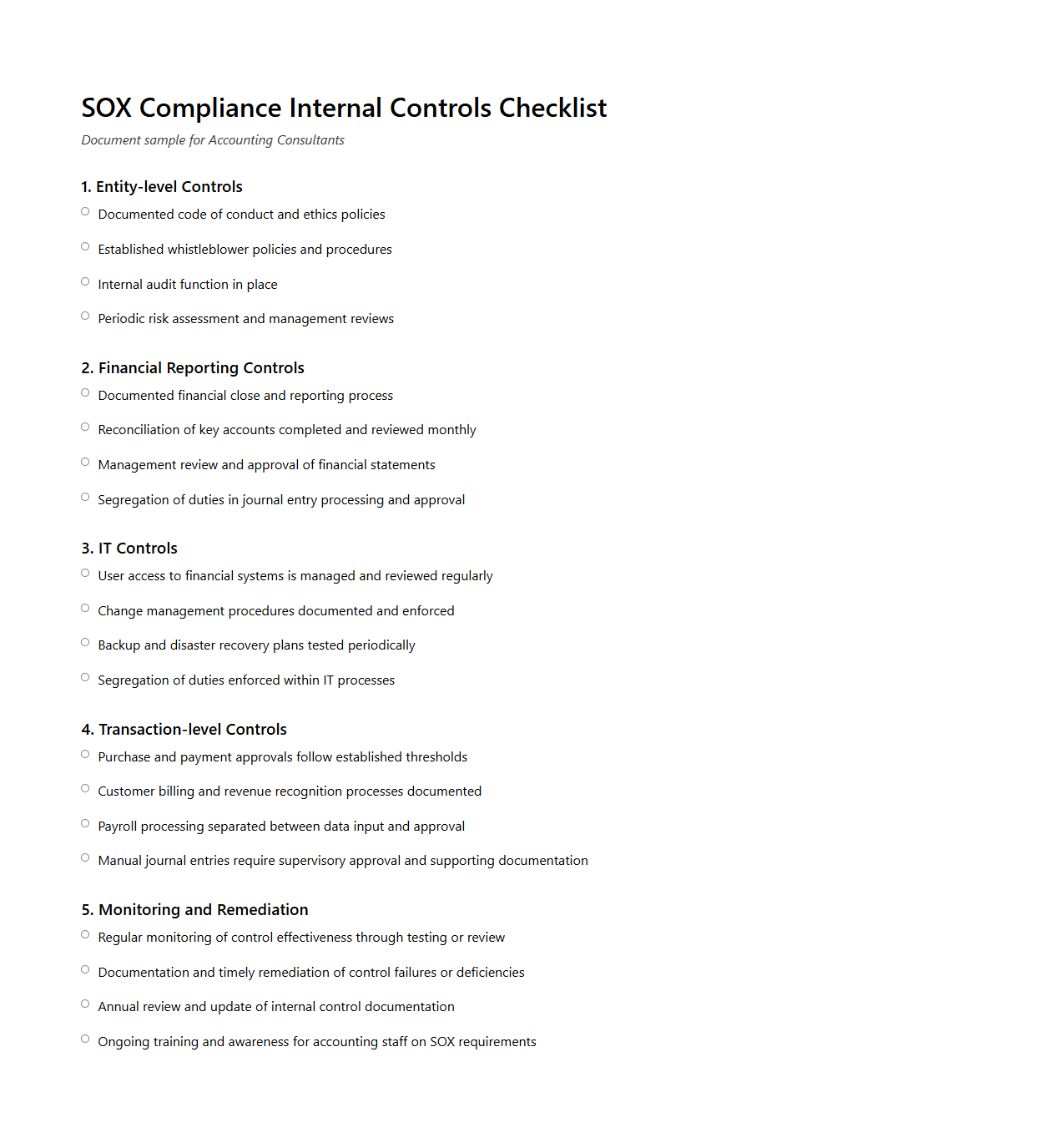 SOX Compliance Internal Controls Checklist for Accounting Consultants