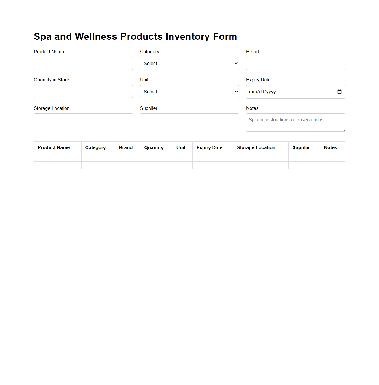 Spa and Wellness Products Inventory Form