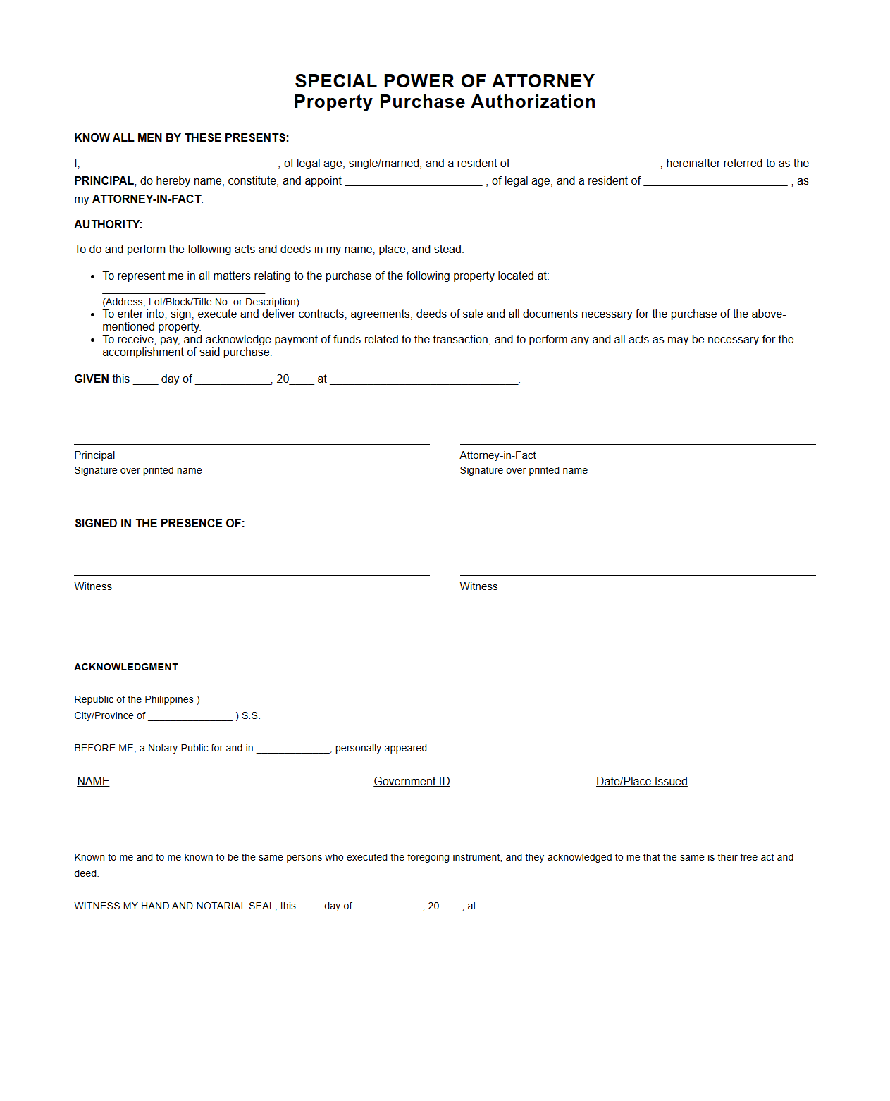 Special Power of Attorney for Property Purchase Authorization